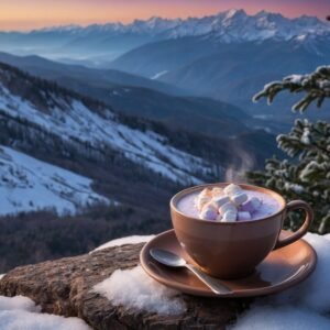 Chocolate quente com vista para neve
